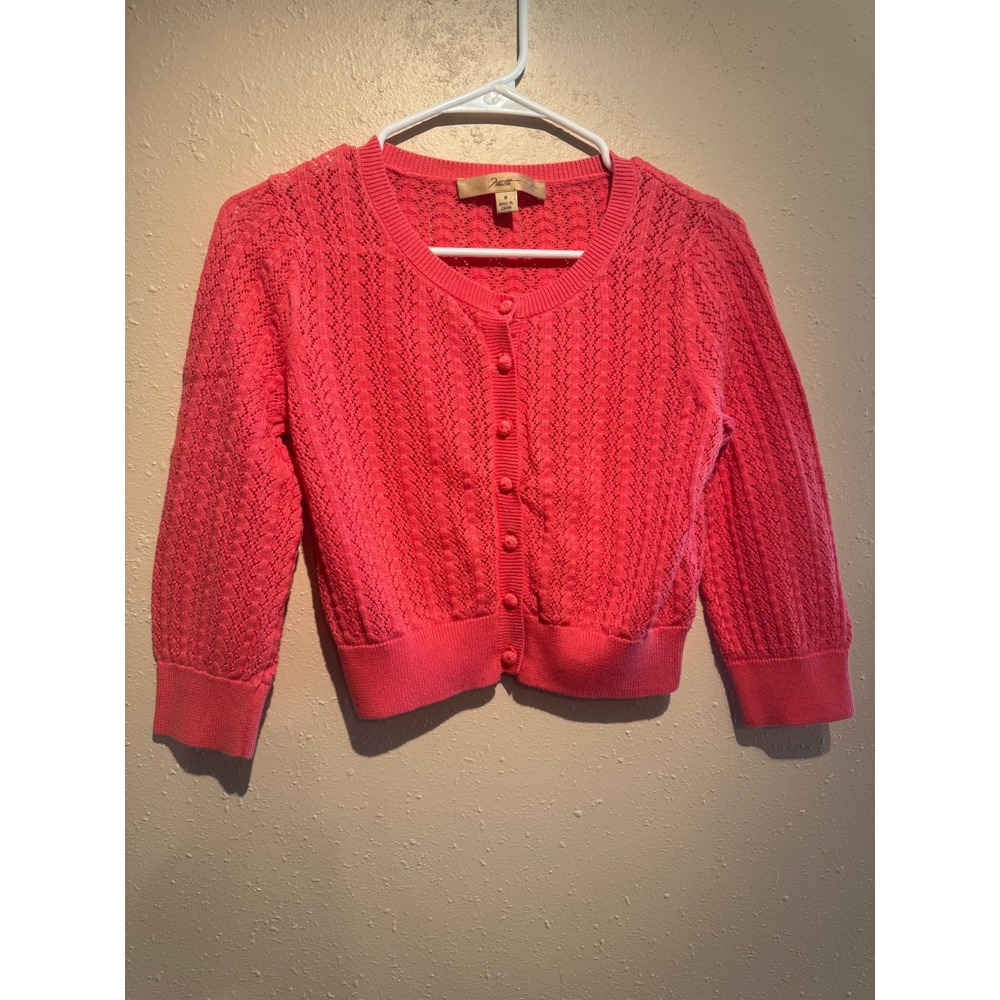 Motto Coral Pink Pointelle Knit Cardigan 3/4 Sleeve Sweater Womens M - Picture 2 of 6